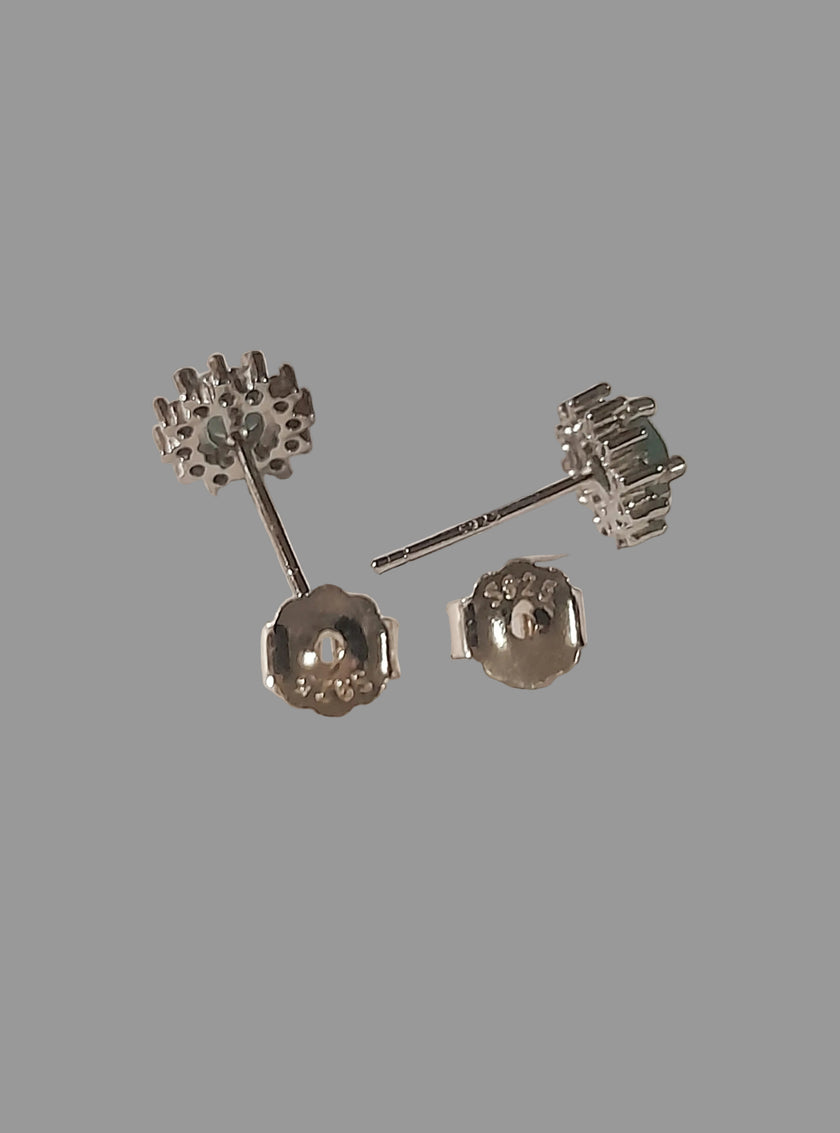 Green Round Emerald Diamonds Princess Style 925 Sterling Silver Earrings Stud