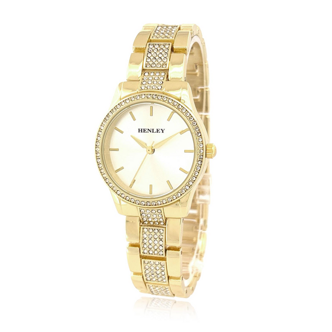 Henley Ladies Fashion Bling Silver Dial & Gold Diamante Bracelet Watch H07343 presentation Gift Box