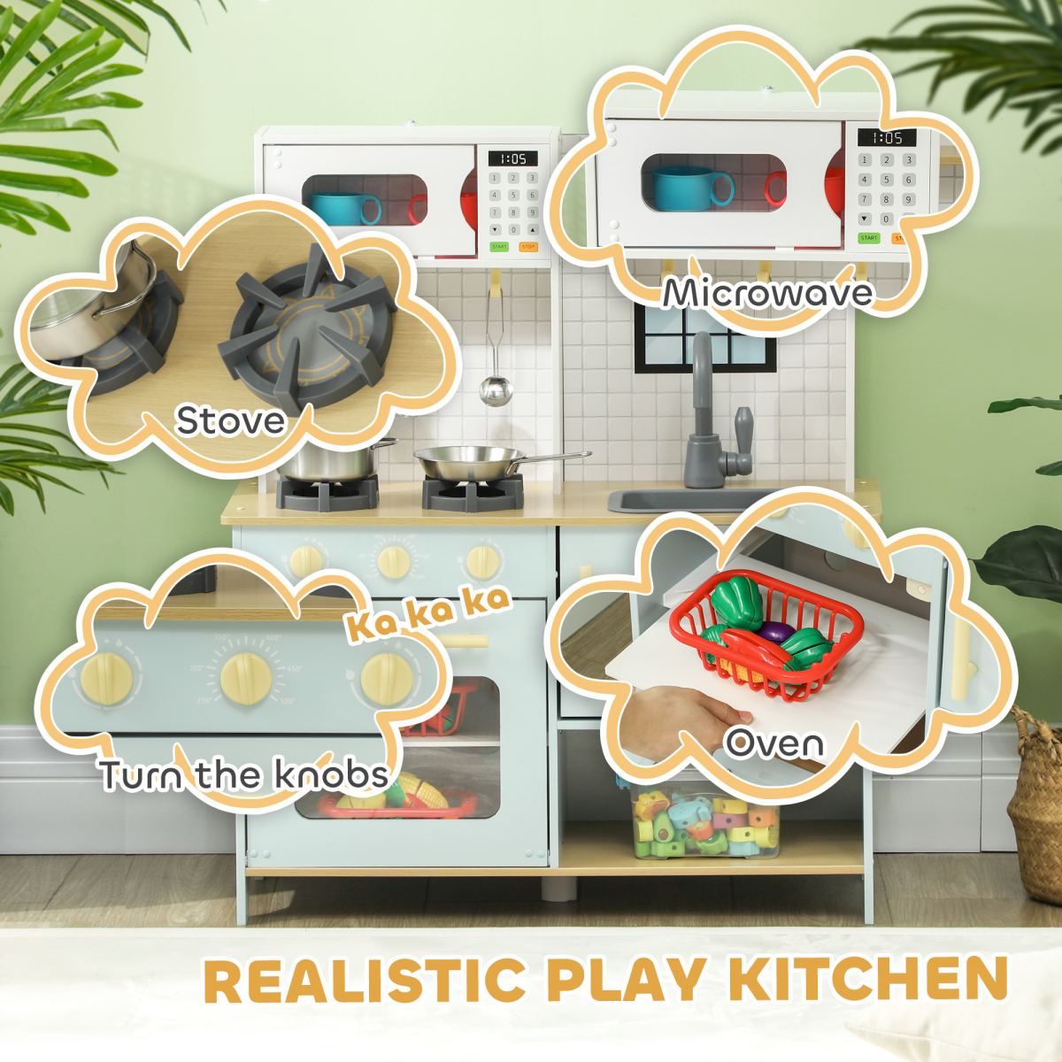 Play Kitchen, Kids Kitchen Playset with Light & Sound Stove