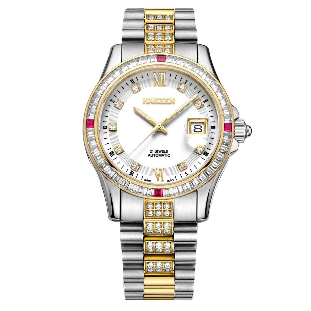 NAKZEN Men Japan NH35 Movement Automatic Mechanical Diamond Stainless Steel Bracelet Watches Relogio Masculino 6013