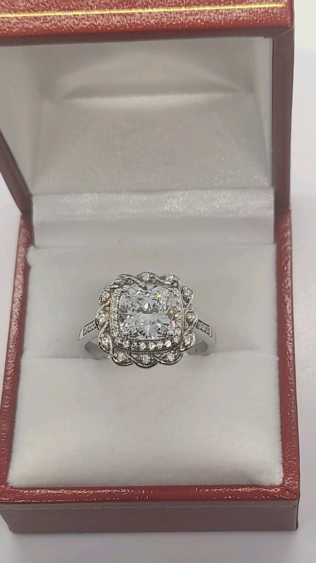 2CT Cushion Shape Crystal Aurora Borealis Halo Ring Solid Rhodium Plated 4.2 g