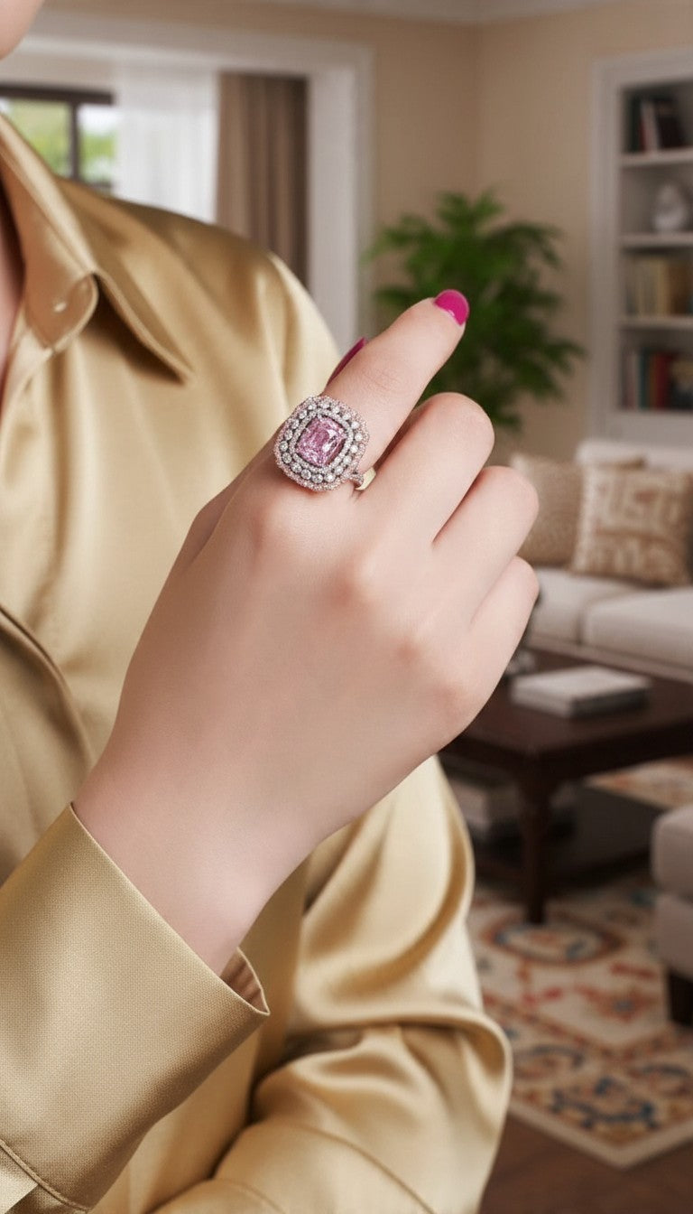 1.75 Ct Pink Morganite Diamonds Large Cocktail Ring In 14 Ct White Gold Filled