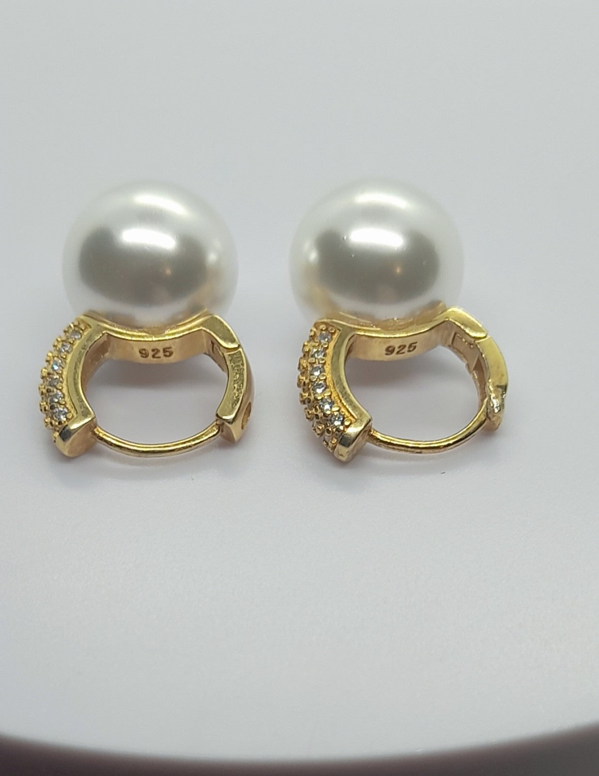 925 Sterling Silver Large Faux Pearl Earrings Hoops Yellow Gold Tone