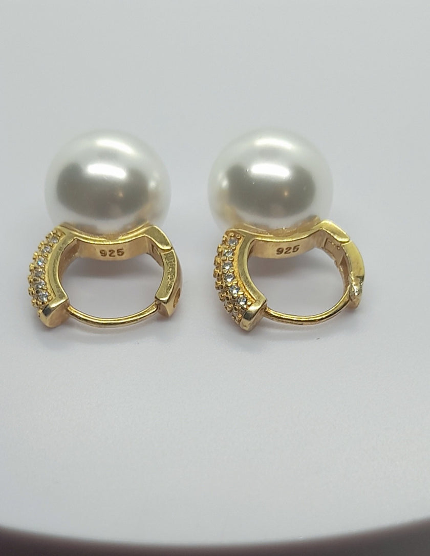 925 Sterling Silver Large Faux Pearl Earrings Hoops Yellow Gold Tone
