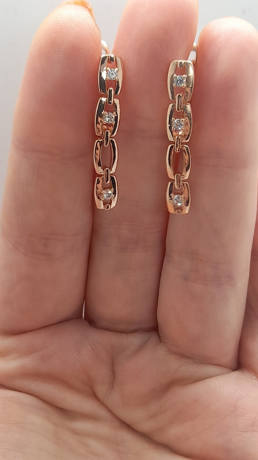 Rolled RG 585 Rose Gold  White Zirconia Earrings Hoops English Lock