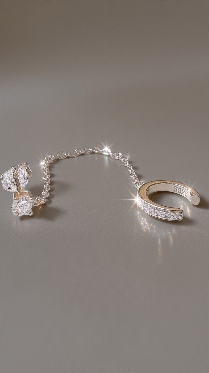 Single Sparkling Zircon Twisted Stud Earring Cuff Clip Tassel Platininum Plated