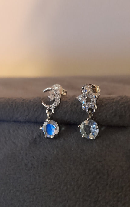 Sky Blue Topaz Star Moon Dangle Earrings Stud 925 Sterling Silver In Rhodium Pl