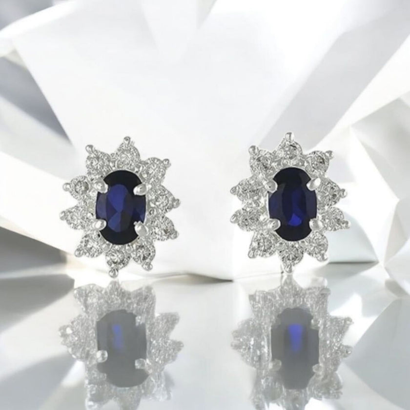 Princess Diana Style Blue Simulated Sapphire Zircon 11 MM Earrings  925 Silver 