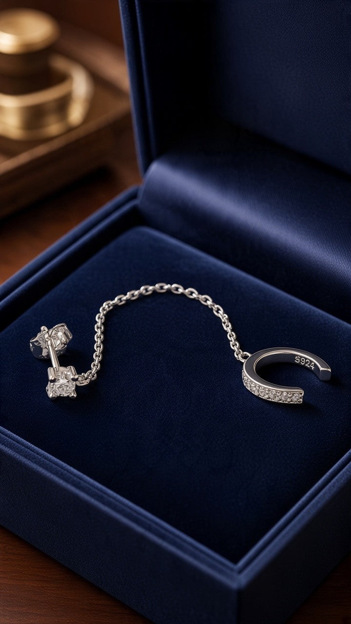 Single Sparkling Zircon Twisted Stud Earring Cuff Clip Tassel Platininum Plated