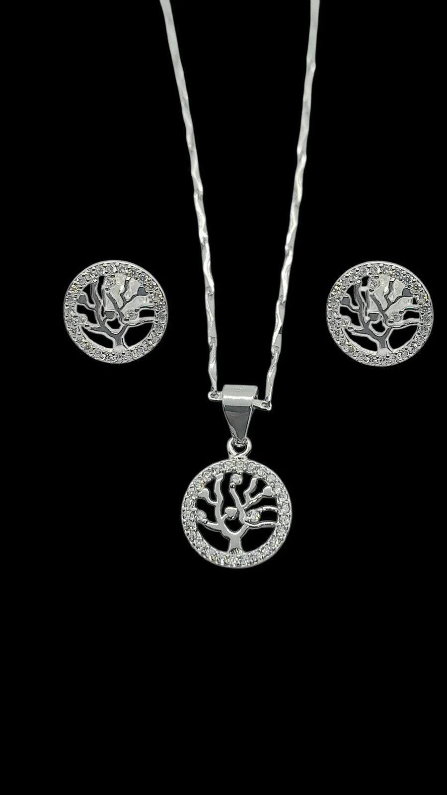 925 Sterling Silver  FamilyTree Pendant Necklace Earrings Stud Set  Rhodium Plat
