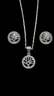 925 Sterling Silver  FamilyTree Pendant Necklace Earrings Stud Set  Rhodium Plat