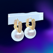 925 Sterling Silver Large Faux Pearl Earrings Hoops Yellow Gold Tone