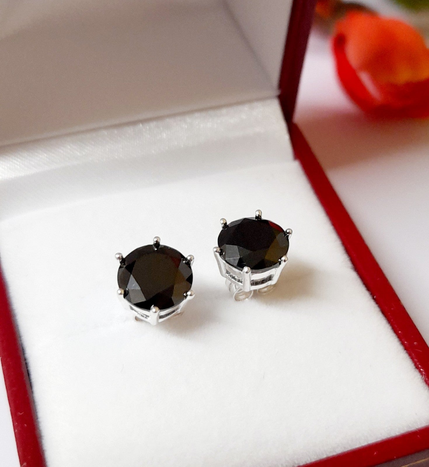 Black Simulated Agate 8 Mm, 7 Mm White Gold Plated 925 Sterling Silver Earrings 