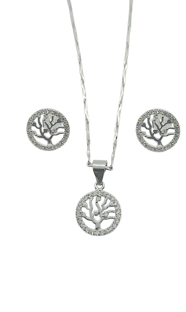 925 Sterling Silver  FamilyTree Pendant Necklace Earrings Stud Set  Rhodium Plat
