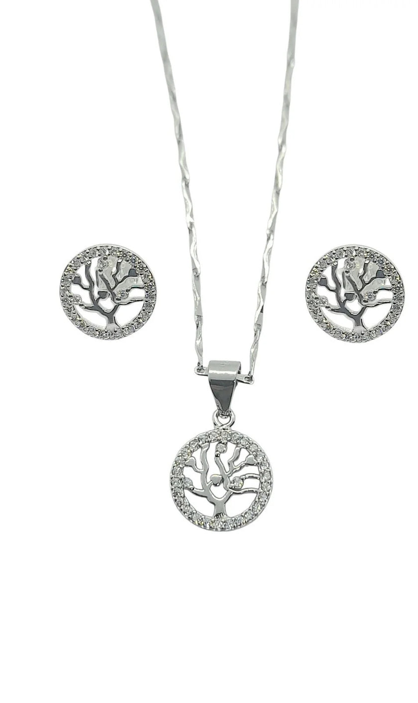 925 Sterling Silver  FamilyTree Pendant Necklace Earrings Stud Set  Rhodium Plat