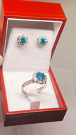 Blue Green Ocean Natural Briliance Cluster Ring Earrings 14 Ct White Gold
