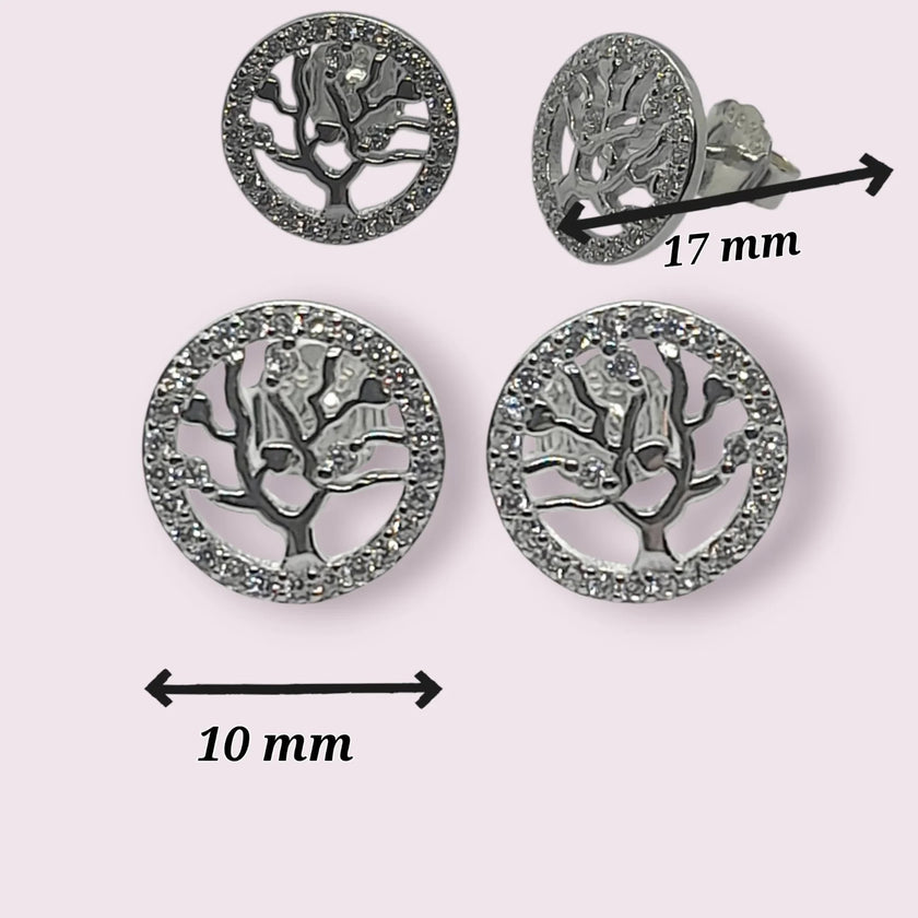 925 Sterling Silver  FamilyTree Pendant Necklace Earrings Stud Set  Rhodium Plat