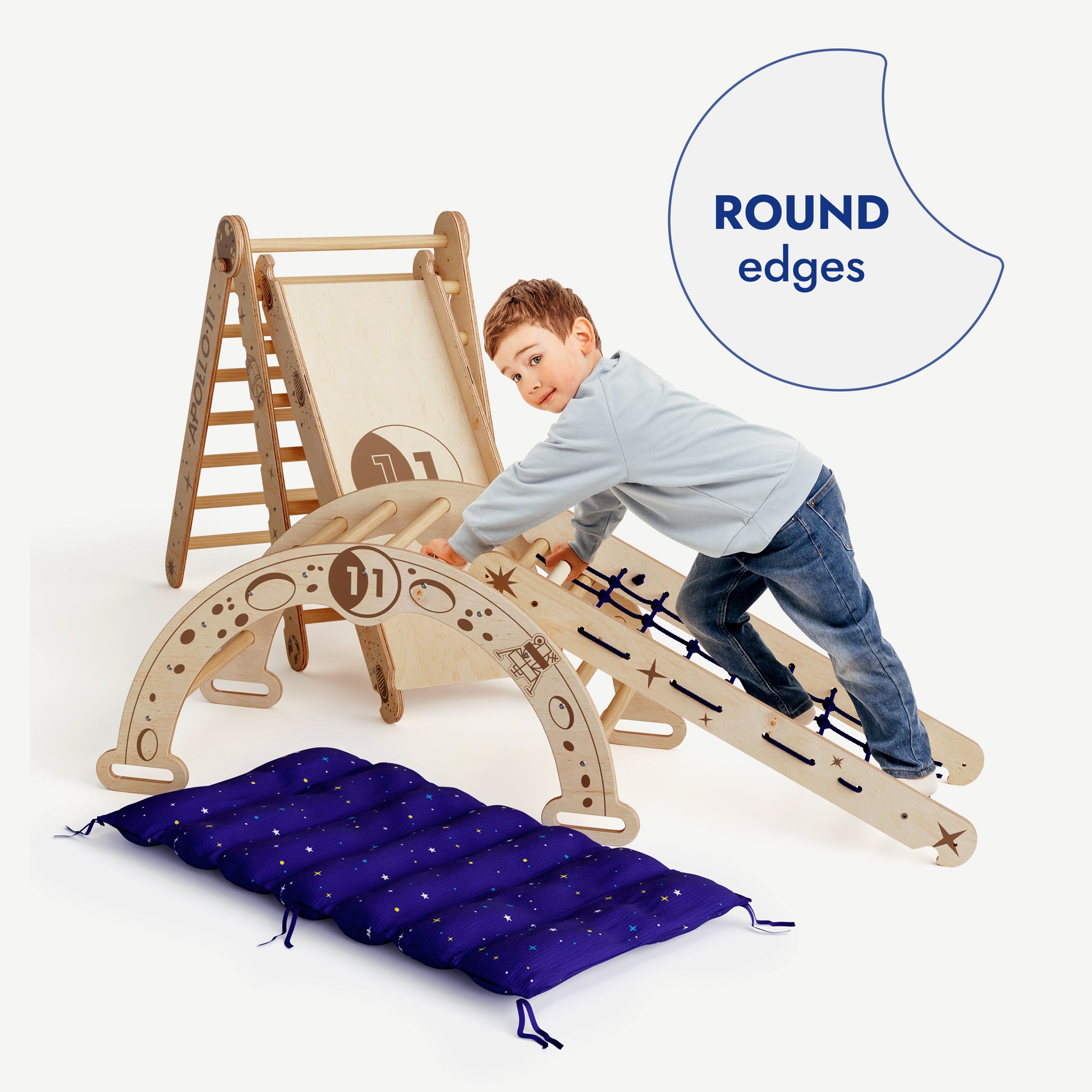 Apollo Climbing Set: Pikler Triangle, Net, Arch, Slide Board, and Cushion