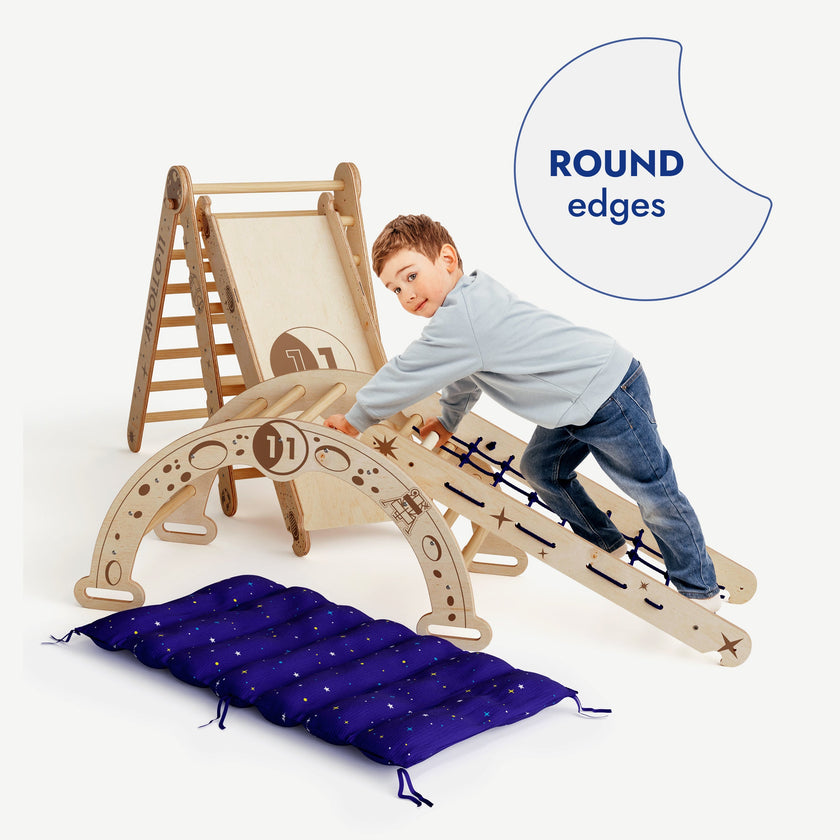 Apollo Climbing Set: Pikler Triangle, Net, Arch, Slide Board, and Cushion