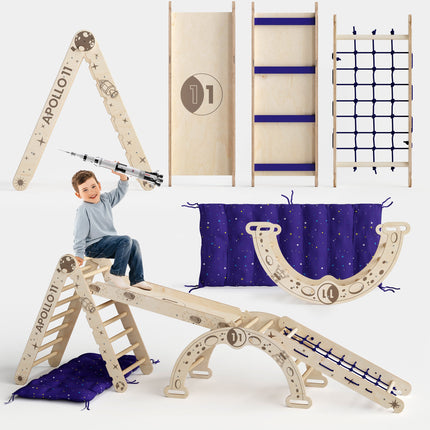 Apollo Climbing Set: Pikler Triangle, Net, Arch, Slide Board, and Cushion