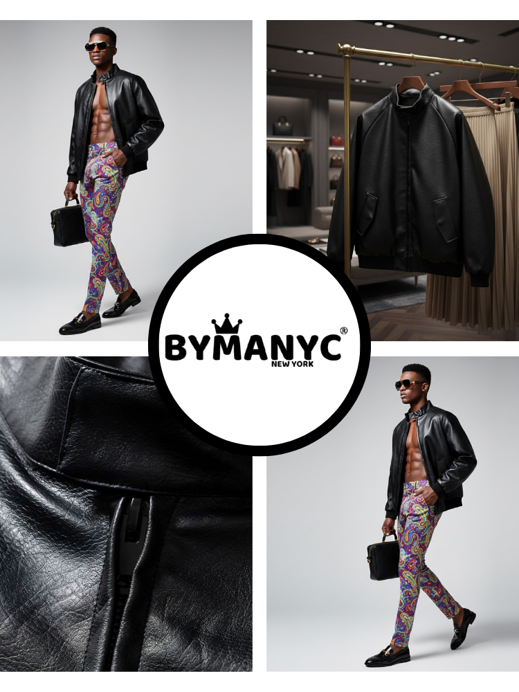Men's Vegan Leather Bomber Jacket SOHO LEATHER NYFW New Colecction BYMANYC ® New York-1