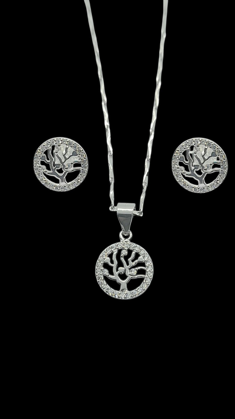 925 Sterling Silver  FamilyTree Pendant Necklace Earrings Stud Set  Rhodium Plat
