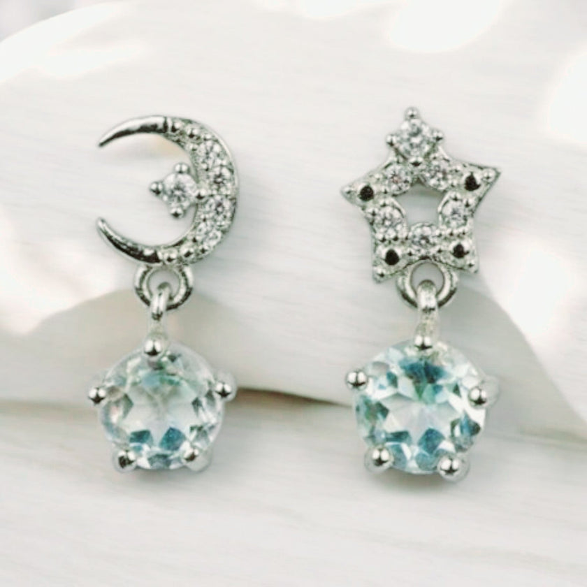 Sky Blue Topaz Star Moon Dangle Earrings Stud 925 Sterling Silver In Rhodium Pl