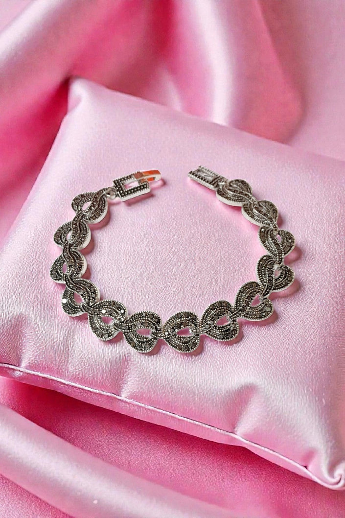 Antique Style Silver Tone Art Deco Vintage Marcasite Heart Bracelet