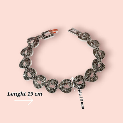 Antique Style Silver Tone Art Deco Vintage Marcasite Heart Bracelet