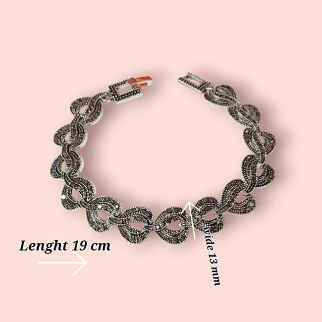 Antique Style Silver Tone Art Deco Vintage Marcasite Heart Bracelet