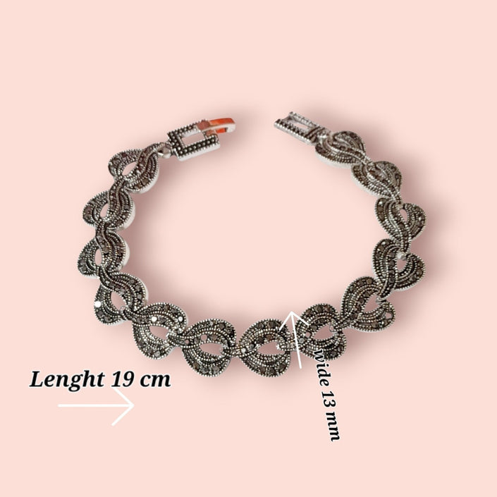 Antique Style Silver Tone Art Deco Vintage Marcasite Heart Bracelet