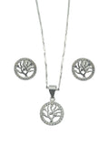 925 Sterling Silver  FamilyTree Pendant Necklace Earrings Stud Set  Rhodium Plat