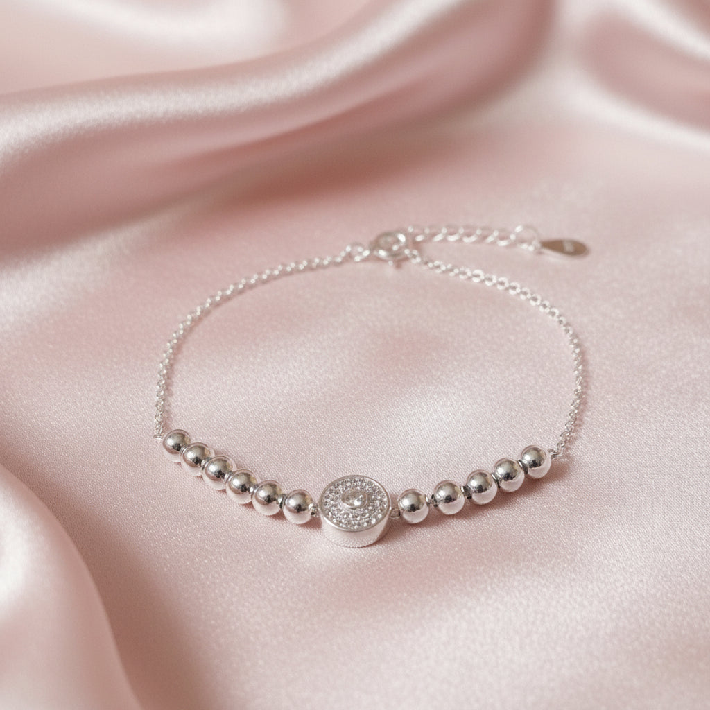 Sparkling Zircon Charm Bead  Ball's  Chain Bracelet 925 Sterling Silver In Pouch