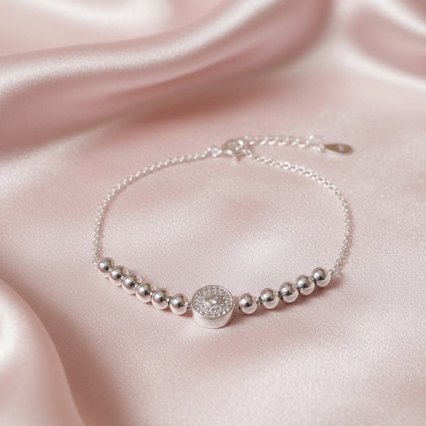 Sparkling Zircon Charm Bead  Ball's  Chain Bracelet 925 Sterling Silver In Pouch