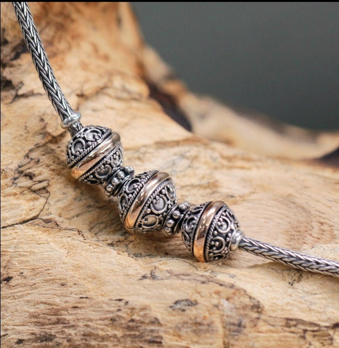 Authentic 925 Silver&18 K Gold Chain Ball Bead Necklace Bali Jewellery