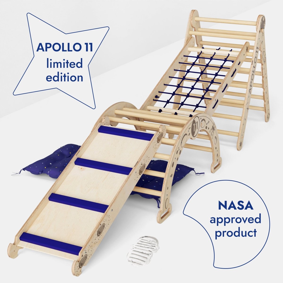 Apollo Climbing Set: Pikler Triangle, Net, Arch, Slide Board, and Cushion