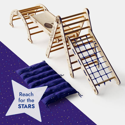 Apollo Climbing Set: Pikler Triangle, Net, Arch, Slide Board, and Cushion