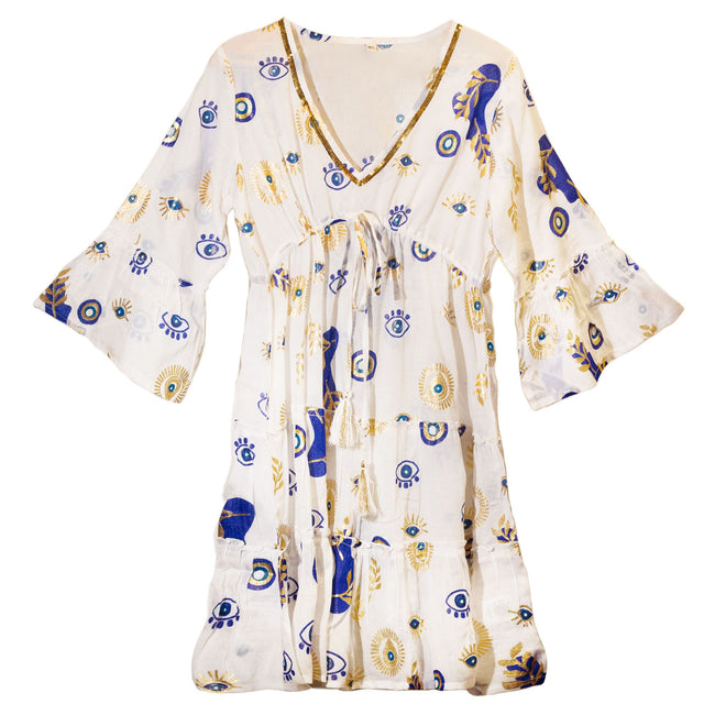 Nomad Sari Evil Eye Dress – White, Blue & Gold – Size M/L