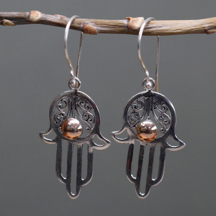 925 Silver & 18K Rose Gold Ball Dangle Earring - Hamsa [UK delivery]