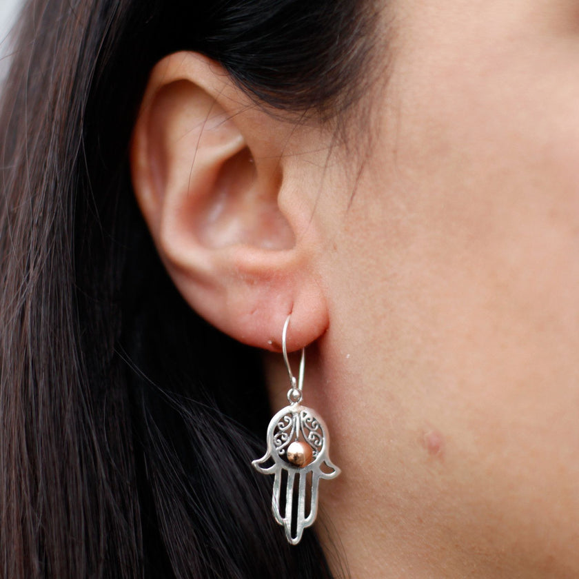 925 Silver & 18K Rose Gold Ball Dangle Earring - Hamsa [UK delivery]