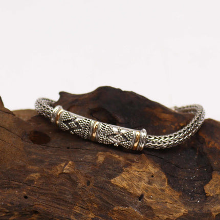 925 Silver & 18 K Gold Chain Bracelet Bali Jewellery with Gift Box