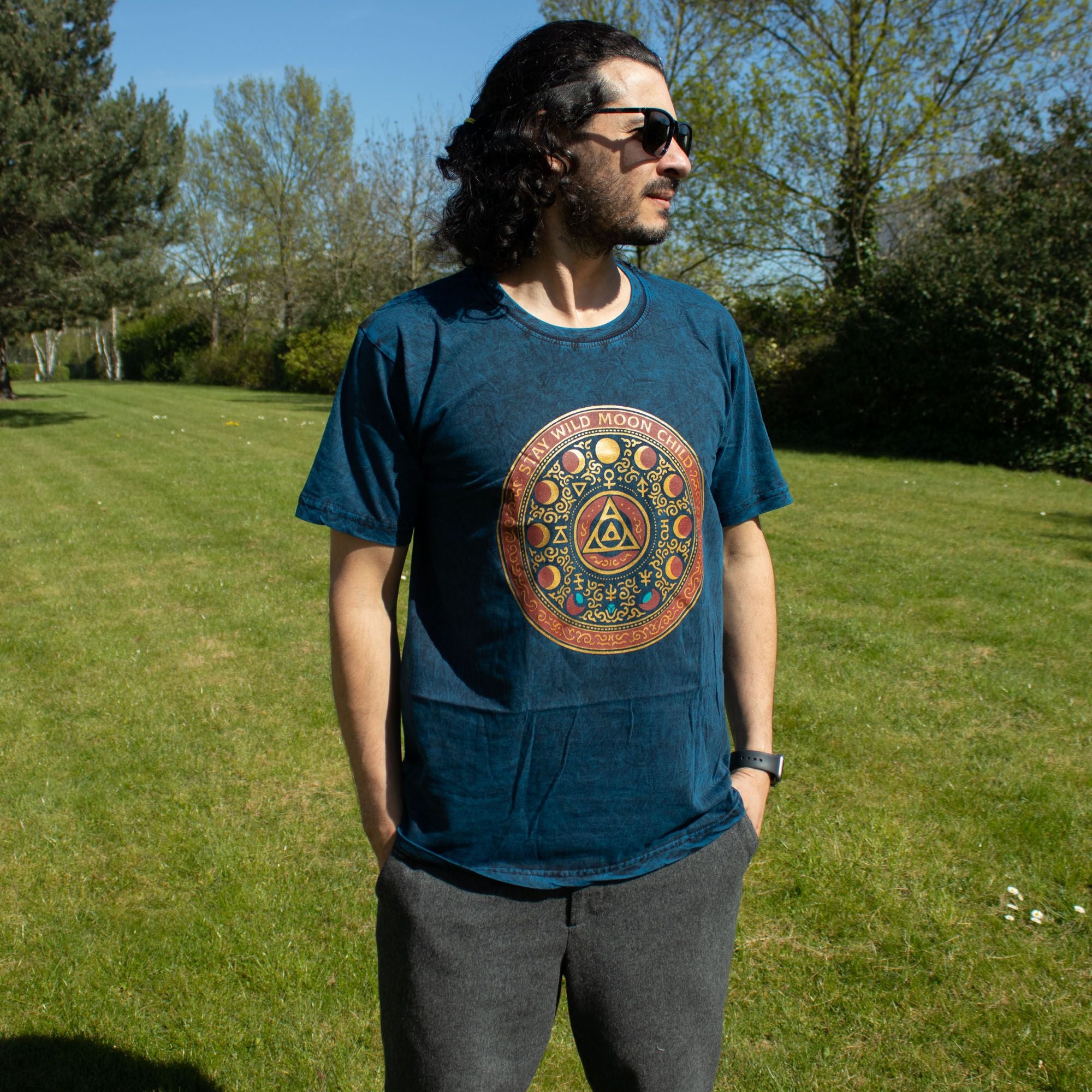 Nomad Sari Stonewashed Cotton T-Shirt - Stay Wild Moon Child - Blue - XL