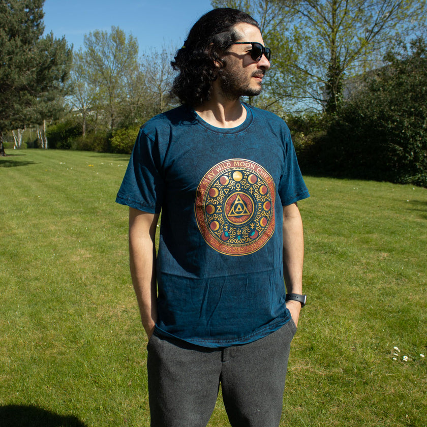 Nomad Sari Stonewashed Cotton T-Shirt - Stay Wild Moon Child - Blue - XL