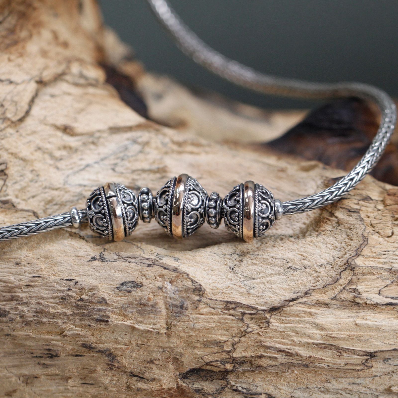 Authentic 925 Silver&18 K Gold Chain Ball Bead Necklace Bali Jewellery