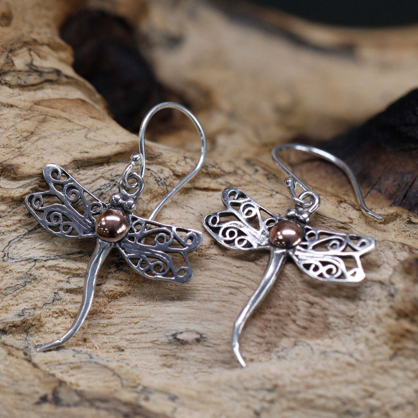 925 Silver & 18 K Gold Earring - Dragonflies Bali Jewellery