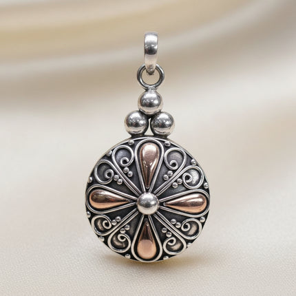 Authentic 925 Silver & 18 K Gold Classic Round Pendant Bali Jewellery