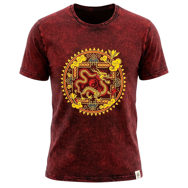 Nomad Sari Stonewashed Cotton T-Shirt - Dragon Mandala - Maroon - XL