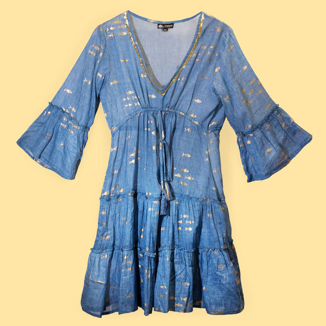 Nomad Sari Sea Blue & Gold Fish Print Dress (L/XL)