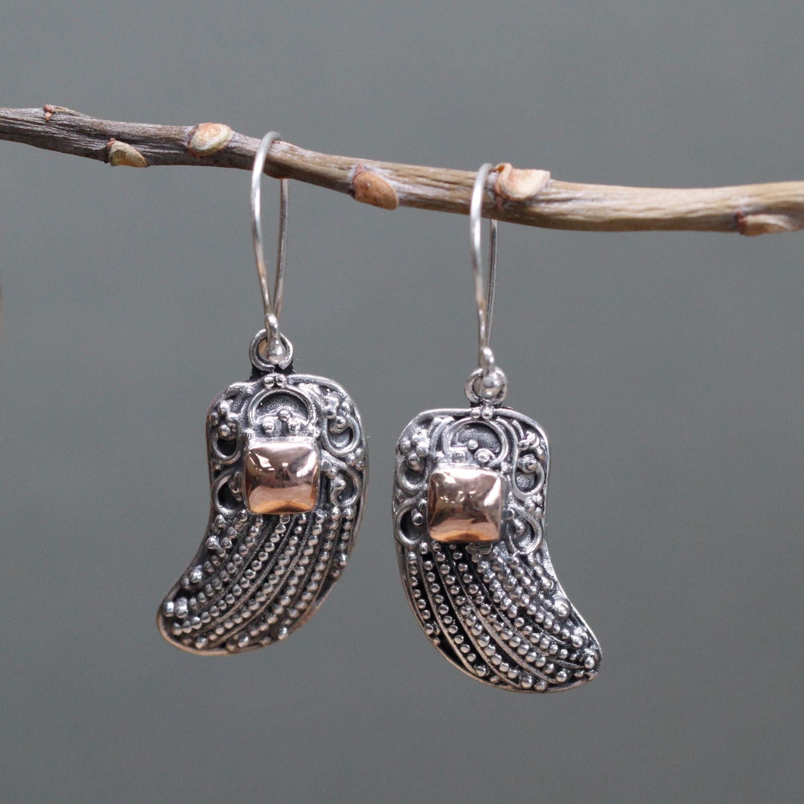 925 Silver&18 K Gold Hook Pendant Earring's Angel Wings Bali Jewellery
