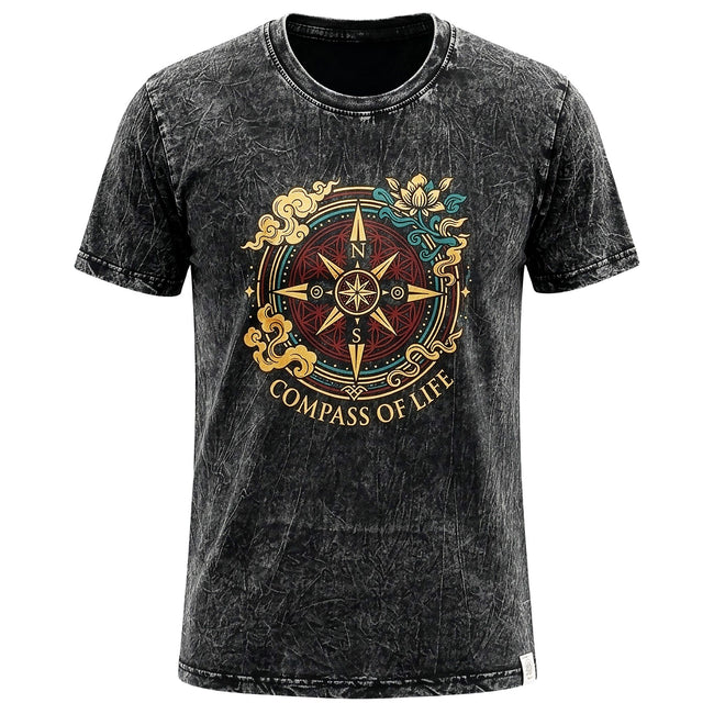 Nomad Sari Stonewashed Cotton T-Shirt - Compass of Life - Charcoal - XL